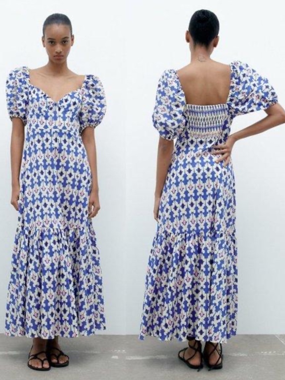 Zara Blue Patterned Puff-Sleeve Maxi Dress - Picture 2 of 4